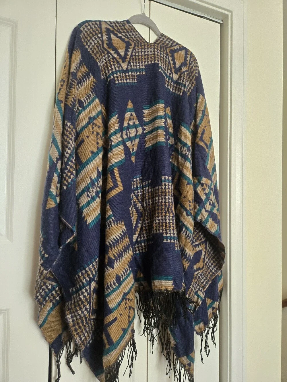 Navy and Tan Geometric Fringe Aztec Throw Shawl